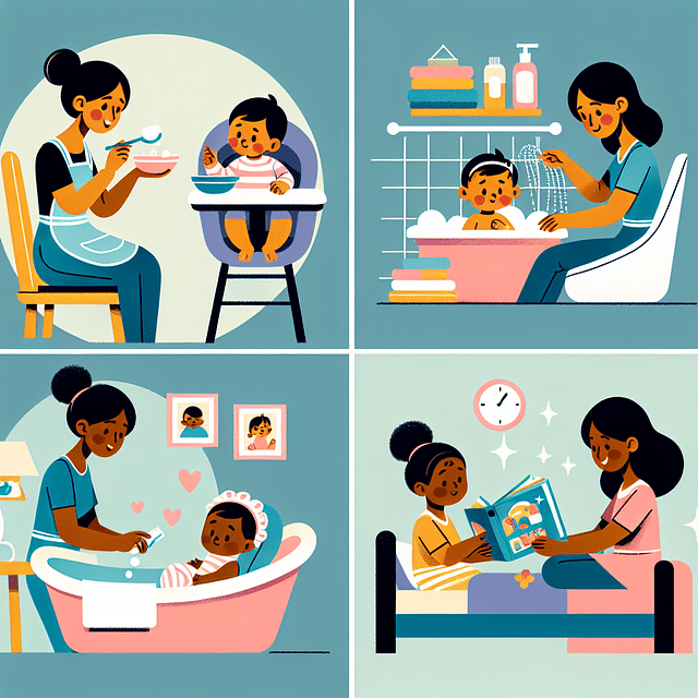 a baby's bedtime routine with feeding, bath, and storytime