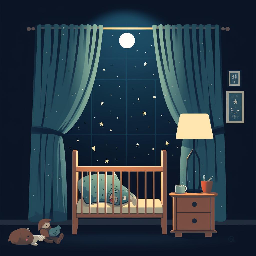 A dimly lit, quiet baby's room with blackout curtains and a white noise machine